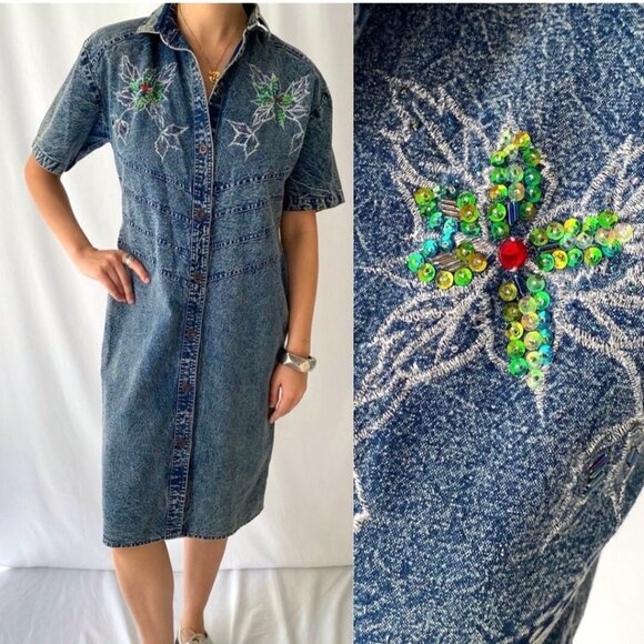 80s vintage blue denim acid wash embellished floral print retro midi jean dress - Picture 1 of 9
